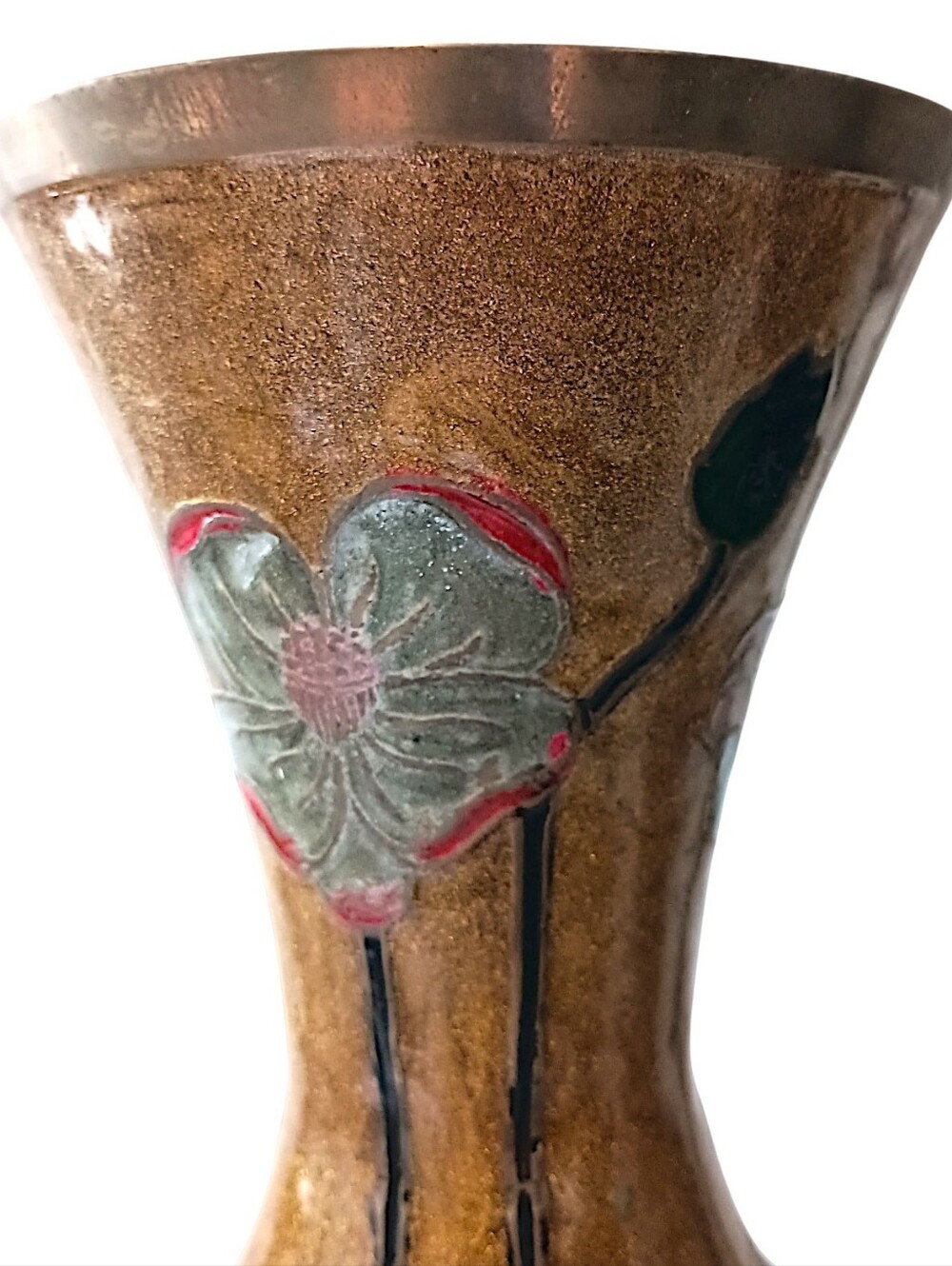 Vintage Enameled Brass Vase LARGE Cloisonne Champleve Ornate Etched Floral READ - Picture 7 of 16